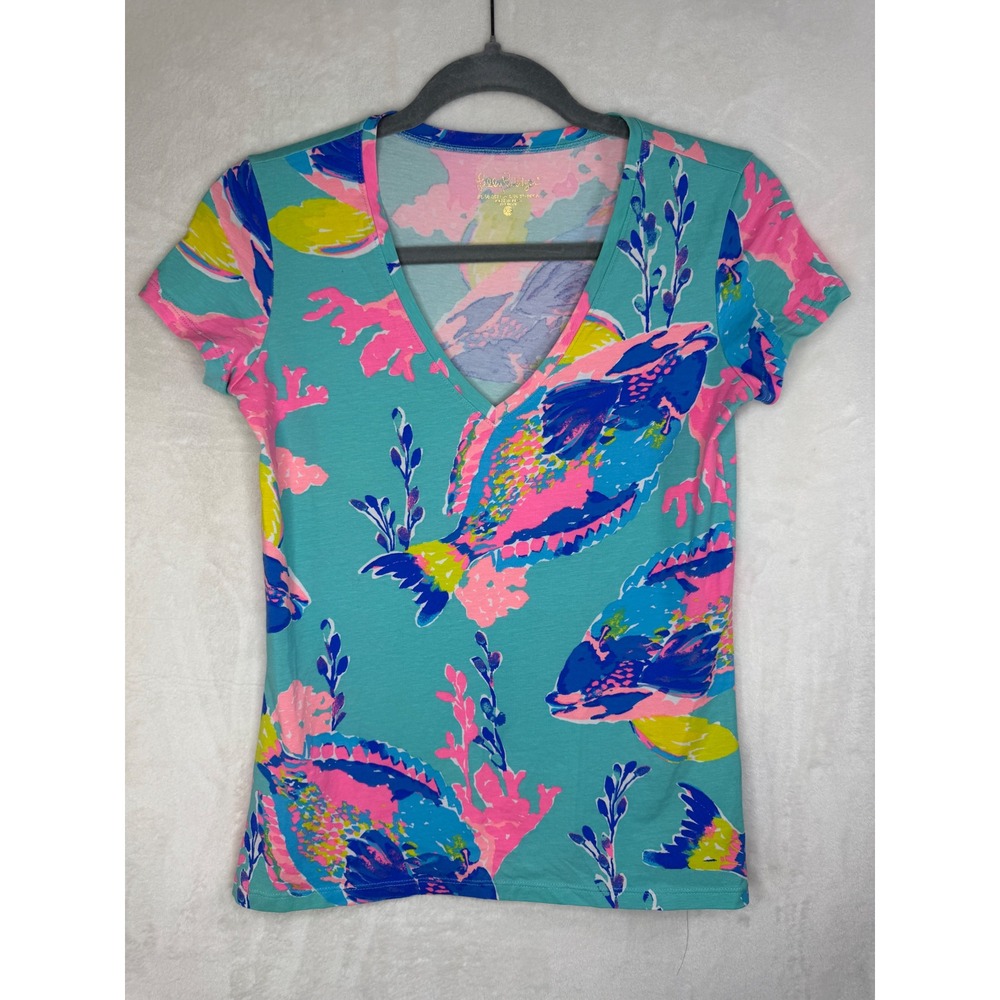 Lilly Pulitzer Womens XS V-Neck T-Shirt Blue Pink Tropical Fish Print Cotton
